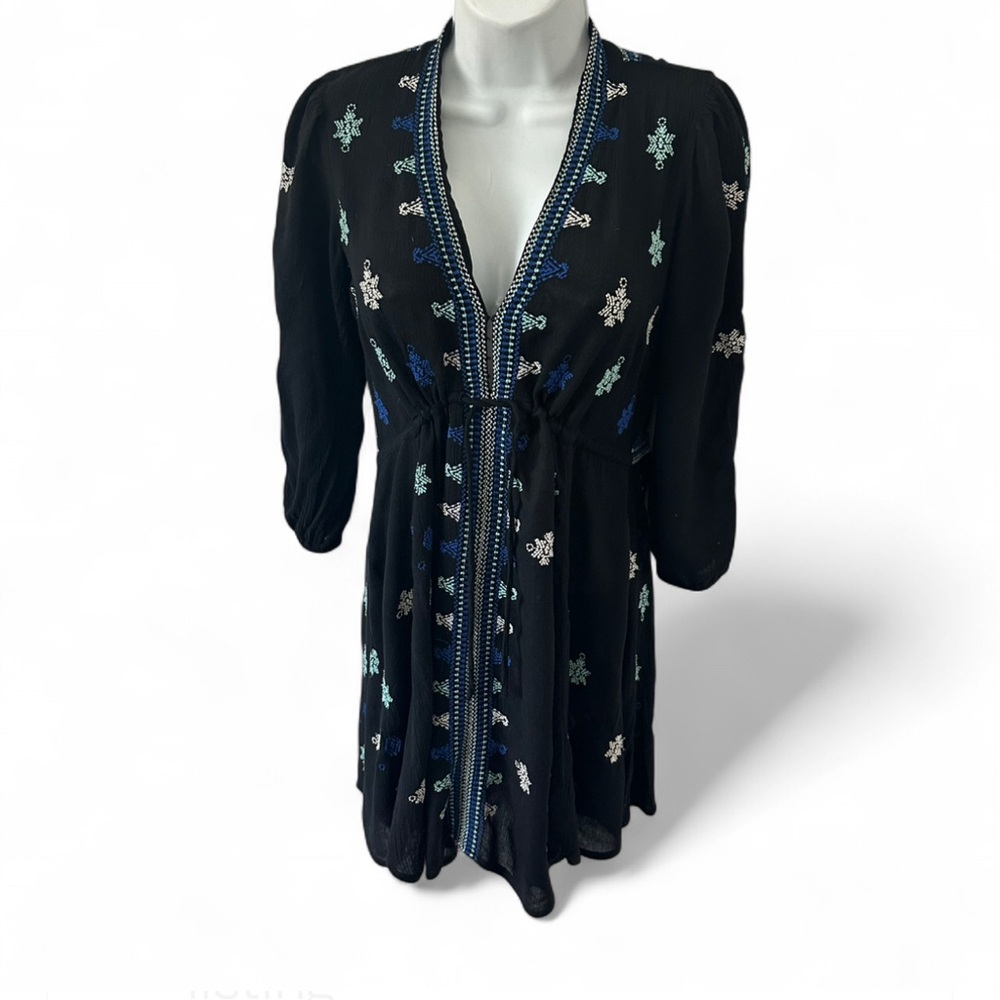 Free People Black Dress with Blue and White Embroidery Size XS